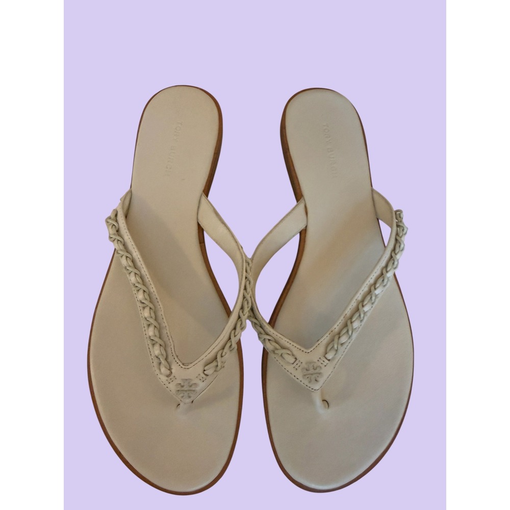 Tory Burch Miller Braided Leather Thong Sandals Cream Ivory Flat Womens 8 VGUC